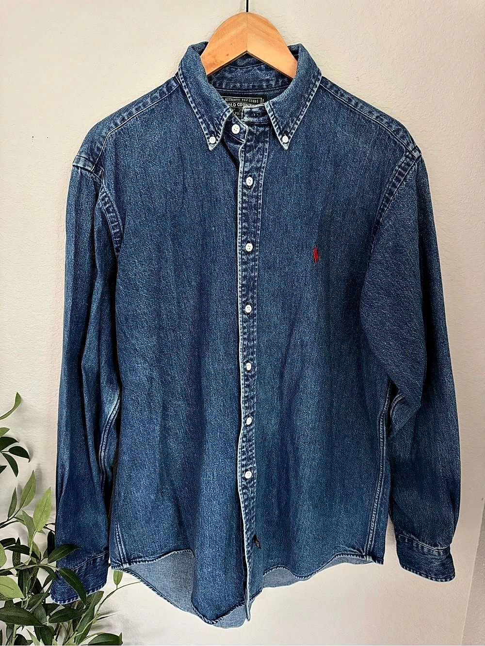 Vintage Polo Country Ralph Lauren Denim Shirt Men's L Red Pony 90s Workwear